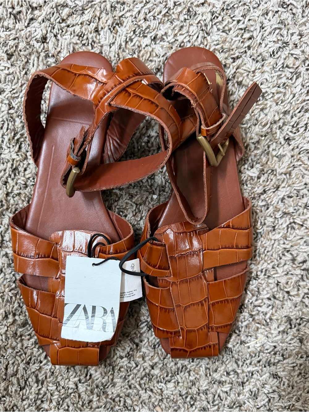 NWT ZARA Women’s Brown Croc-Embossed Leather Sandals